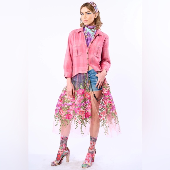 Aratta Pink Floral Embroidered Love Shirt Dress Crystal Button Boho Statement - Picture 5 of 14